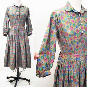 Henry Rosenfeld Womens Vintage 50s Cotton Floral Print Olive Green Dress